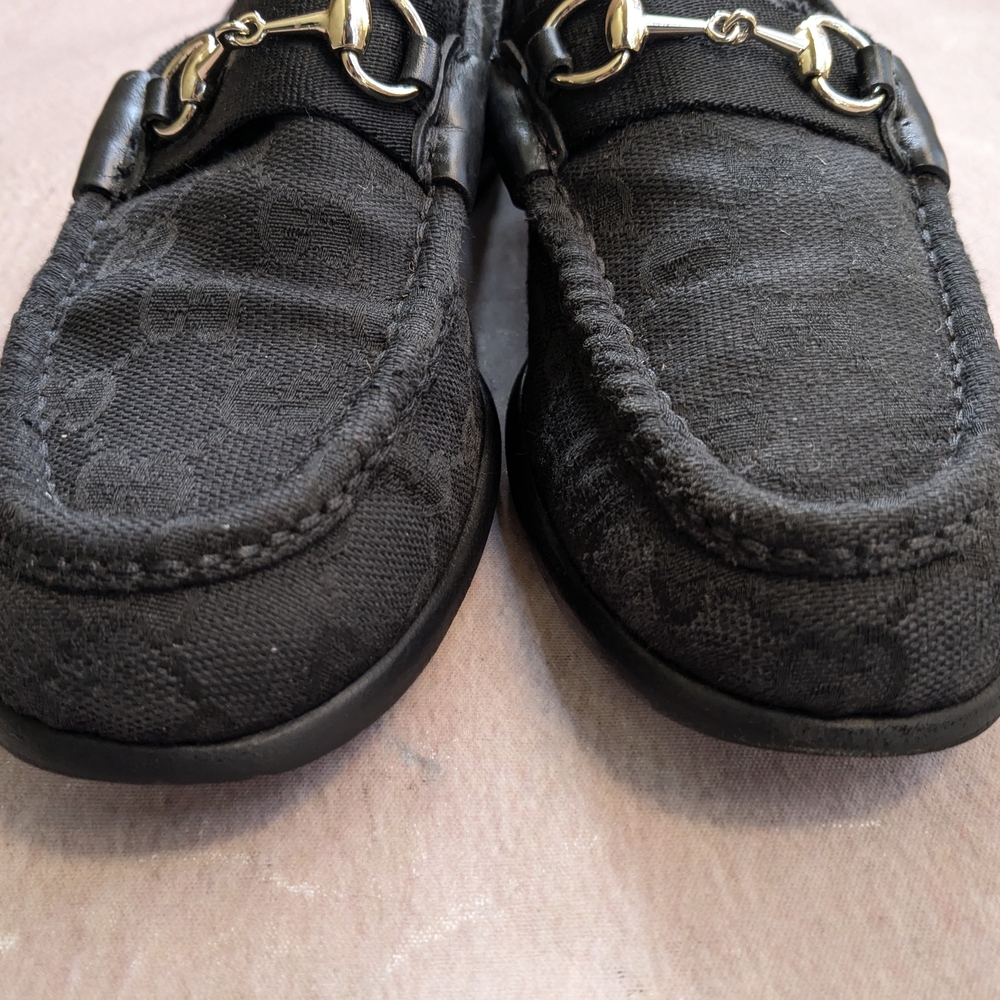 Gucci Horsebit Loafers Black Monogram Canvas Logo Women 7 B - Picture 2 of 16